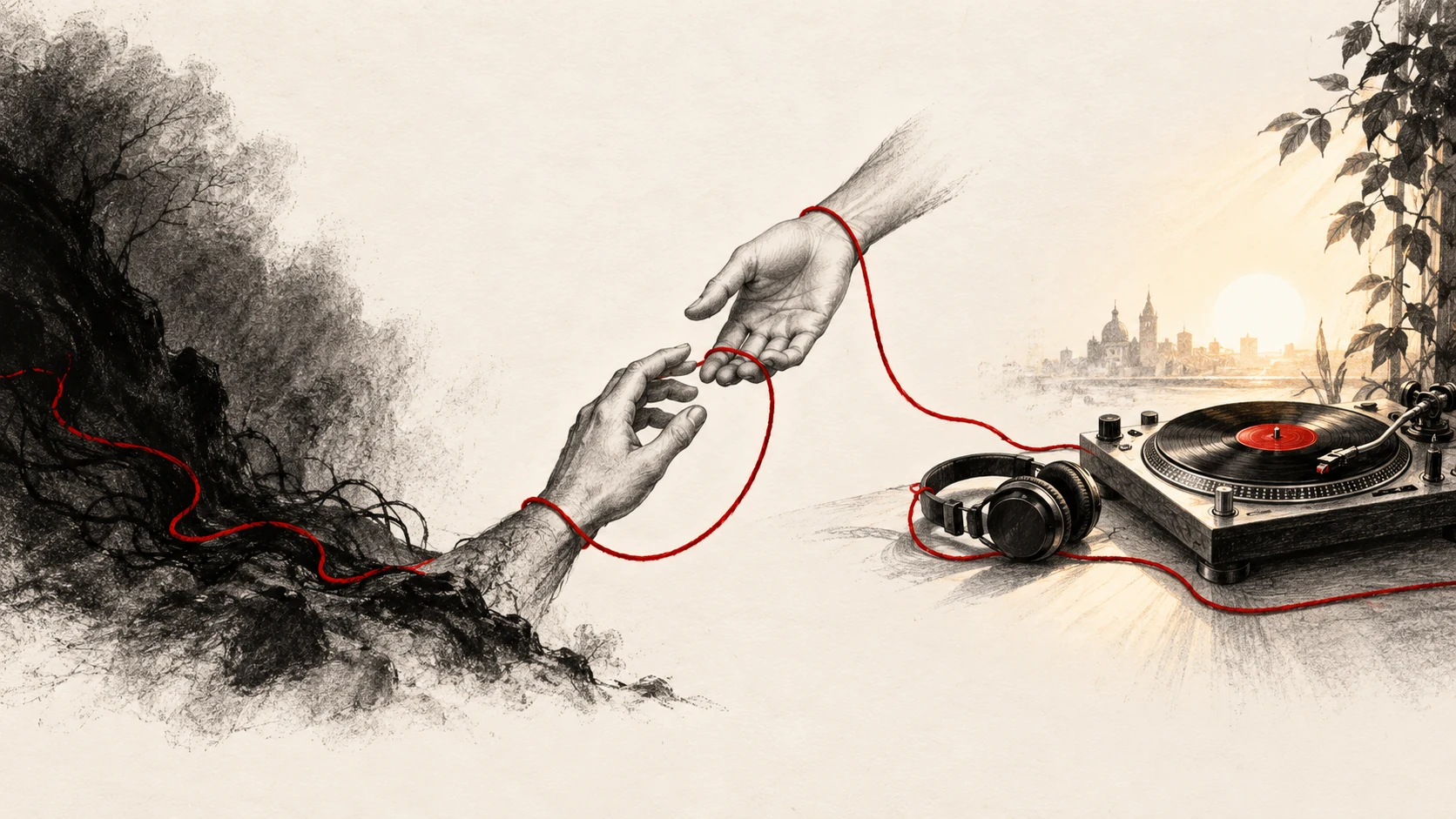 Un fil rouge relie l'ombre, deux mains qui se soutiennent et des platines DJ dans la lumière.